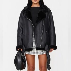 NWT Pretty Little Thing Black Oversized PU Aviator Jacket  Winter Coat 6
